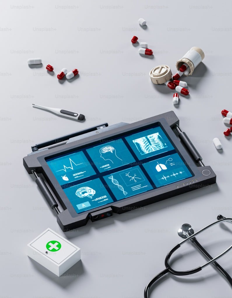 Clinical digital tablet with medical diagnostic scans, stethoscope, and healthcare equipment