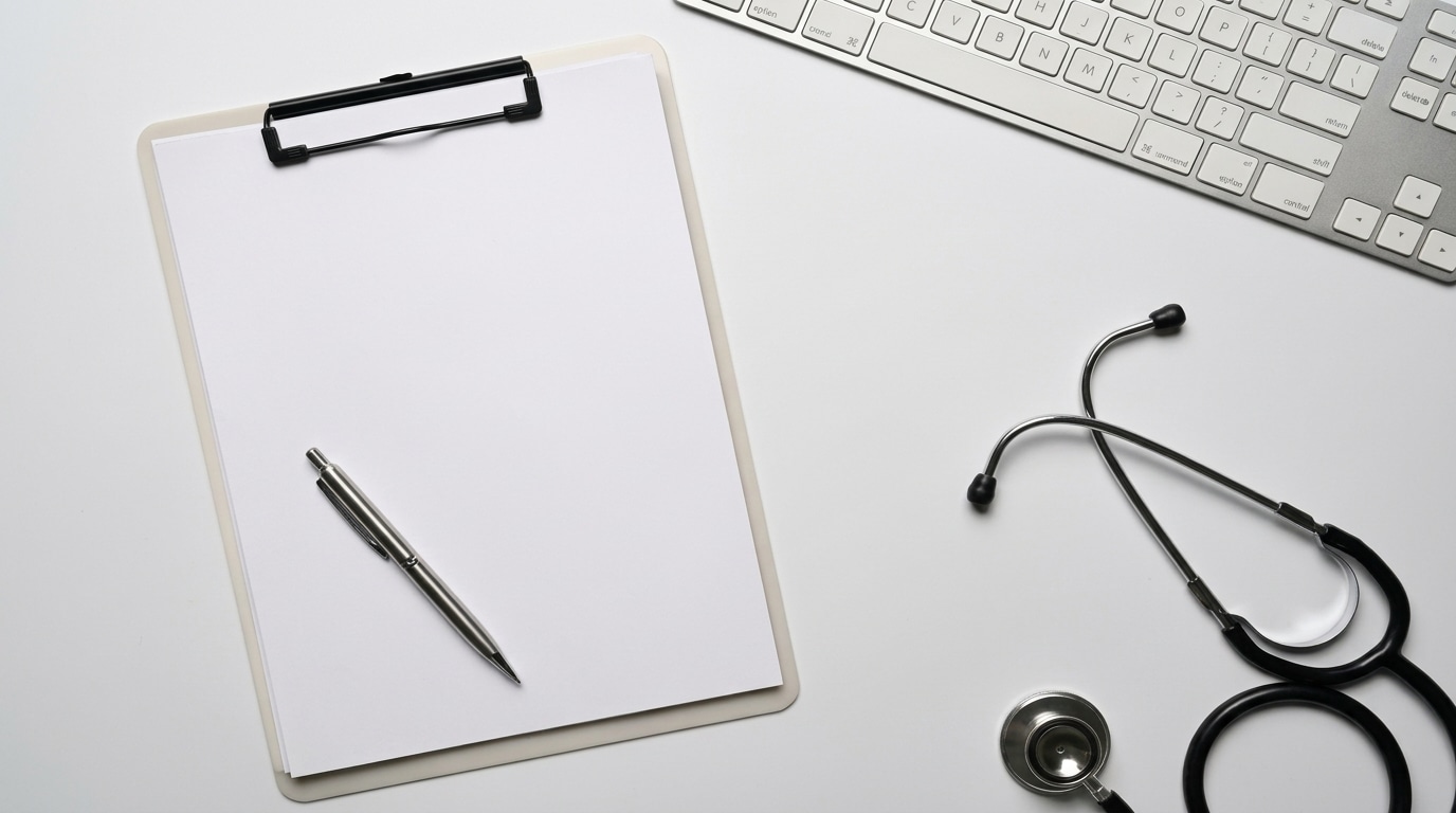 Clinical workspace with clipboard, keyboard, and stethoscope